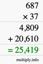 How to calculate 687 times 37 using long multiplication