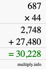 How to calculate 687 times 44 using long multiplication