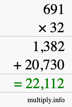 How to calculate 691 times 32 using long multiplication