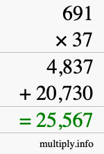 How to calculate 691 times 37 using long multiplication