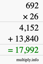 How to calculate 692 times 26 using long multiplication