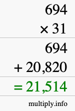 How to calculate 694 times 31 using long multiplication