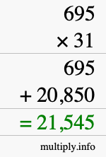 How to calculate 695 times 31 using long multiplication