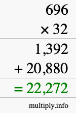 How to calculate 696 times 32 using long multiplication How to calculate 696 times 32 using long multiplication