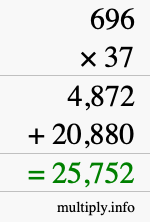 How to calculate 696 times 37 using long multiplication