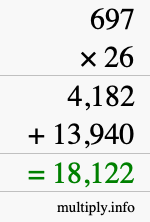 How to calculate 697 times 26 using long multiplication