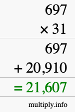 How to calculate 697 times 31 using long multiplication