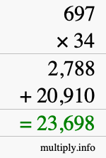 How to calculate 697 times 34 using long multiplication