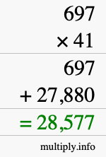 How to calculate 697 times 41 using long multiplication