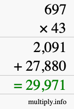 How to calculate 697 times 43 using long multiplication