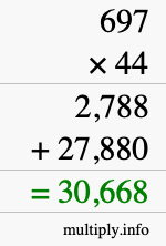 How to calculate 697 times 44 using long multiplication