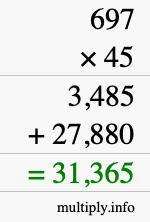How to calculate 697 times 45 using long multiplication