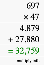 How to calculate 697 times 47 using long multiplication