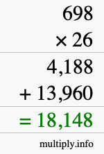 How to calculate 698 times 26 using long multiplication