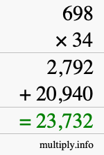 How to calculate 698 times 34 using long multiplication
