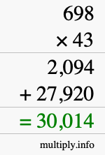 How to calculate 698 times 43 using long multiplication