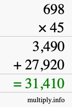 How to calculate 698 times 45 using long multiplication