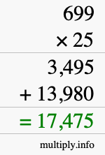 How to calculate 699 times 25 using long multiplication