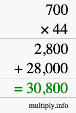 How to calculate 700 times 44 using long multiplication