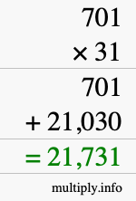 How to calculate 701 times 31 using long multiplication