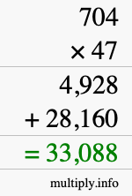 How to calculate 704 times 47 using long multiplication