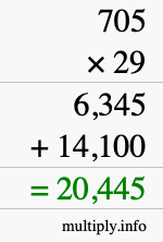 How to calculate 705 times 29 using long multiplication