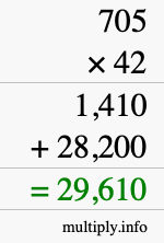 How to calculate 705 times 42 using long multiplication