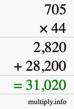 How to calculate 705 times 44 using long multiplication