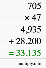 How to calculate 705 times 47 using long multiplication