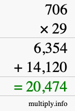 How to calculate 706 times 29 using long multiplication