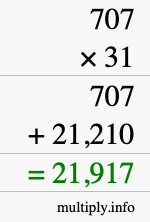 How to calculate 707 times 31 using long multiplication