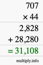 How to calculate 707 times 44 using long multiplication