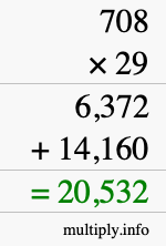 How to calculate 708 times 29 using long multiplication