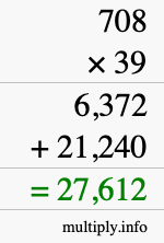 How to calculate 708 times 39 using long multiplication