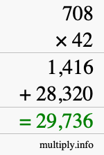 How to calculate 708 times 42 using long multiplication