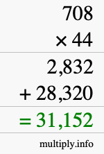 How to calculate 708 times 44 using long multiplication