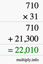How to calculate 710 times 31 using long multiplication