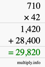 How to calculate 710 times 42 using long multiplication