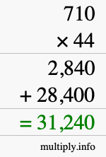 How to calculate 710 times 44 using long multiplication