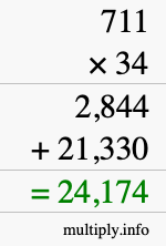 How to calculate 711 times 34 using long multiplication