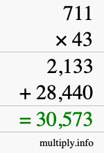 How to calculate 711 times 43 using long multiplication