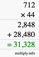 How to calculate 712 times 44 using long multiplication