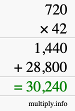 How to calculate 720 times 42 using long multiplication