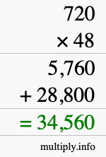 How to calculate 720 times 48 using long multiplication