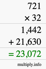 How to calculate 721 times 32 using long multiplication