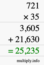 How to calculate 721 times 35 using long multiplication