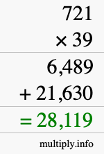 How to calculate 721 times 39 using long multiplication
