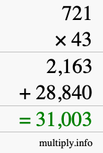 How to calculate 721 times 43 using long multiplication