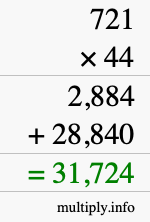 How to calculate 721 times 44 using long multiplication