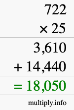 How to calculate 722 times 25 using long multiplication
